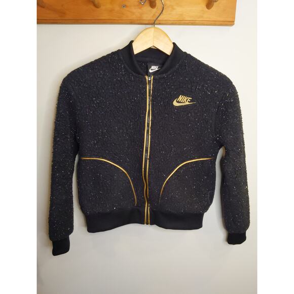 Nike Girls Size L Black Sherpa Gold Fleck Full Zip Sweatshirt Jacket